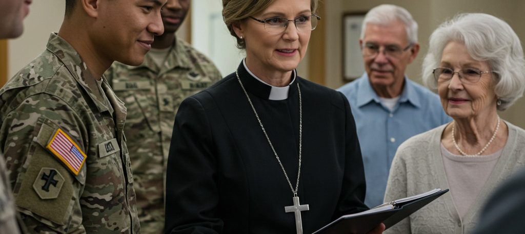a female chaplain in a group of people including men in military uniform and others in ordinary clothes.