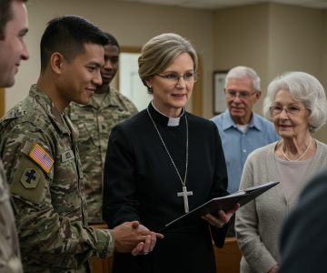 a female chaplain in a group of people including men in military uniform and others in ordinary clothes.