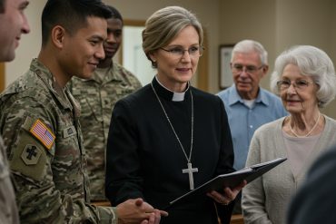 a female chaplain in a group of people including men in military uniform and others in ordinary clothes.