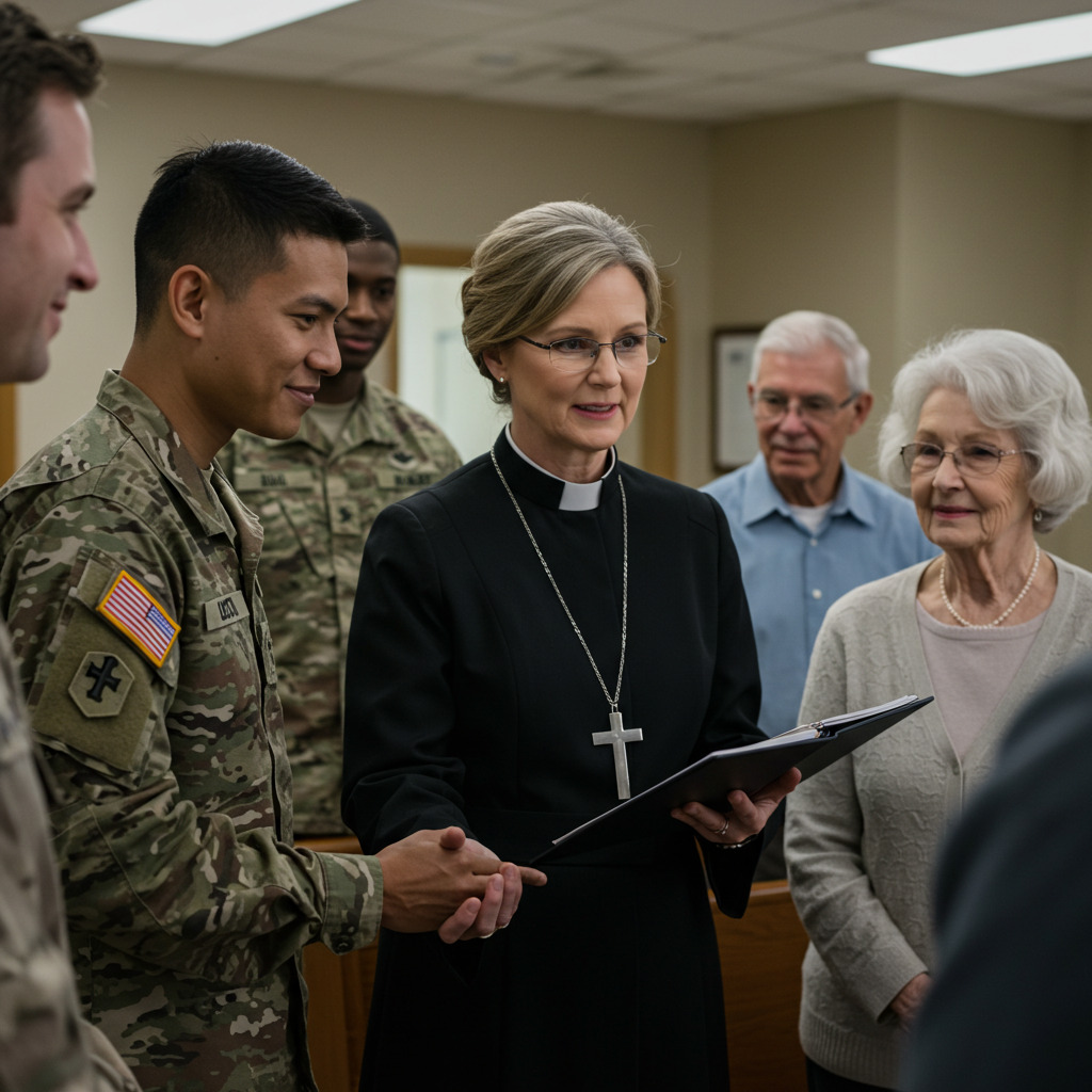 a female chaplain in a group of people including men in military uniform and others in ordinary clothes.