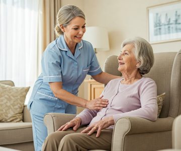 A Home Care Support Worker assisting an elderly woman in a home setting
