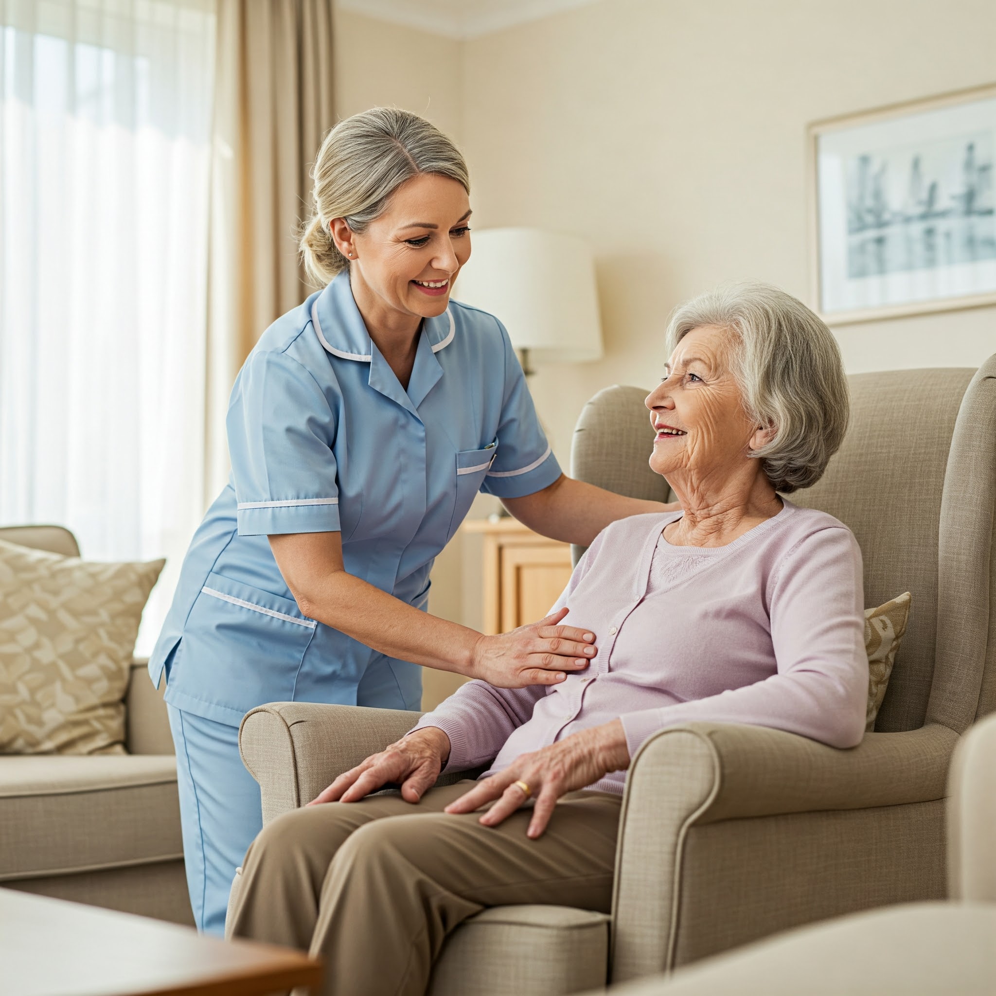 A Home Care Support Worker assisting an elderly woman in a home setting