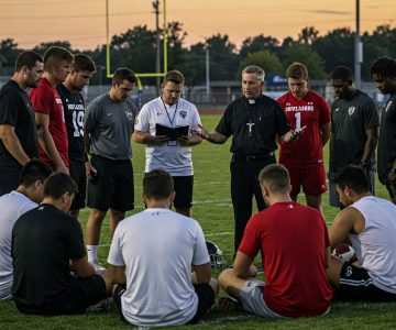 An image showing a sports team and a sports chaplain