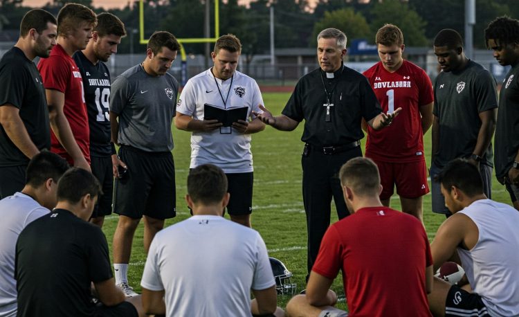 A Sports Chaplain talks to a team of players at a sports field, representing the Master of Arts in Christian Sports Chaplaincy program.