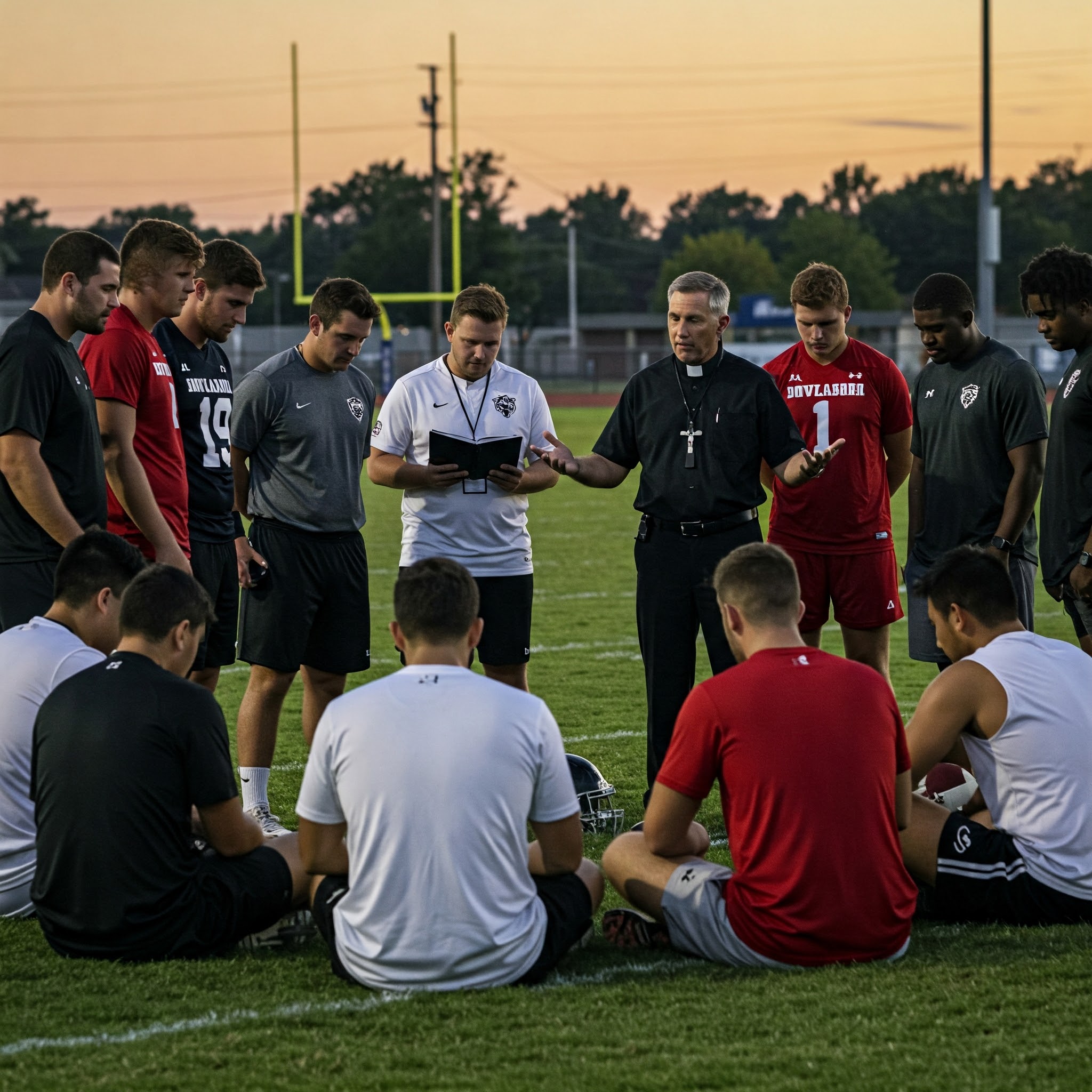 An image showing a sports team and a sports chaplain