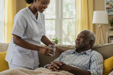 A Health Care Aid Worker assists an alderly man in a home setting