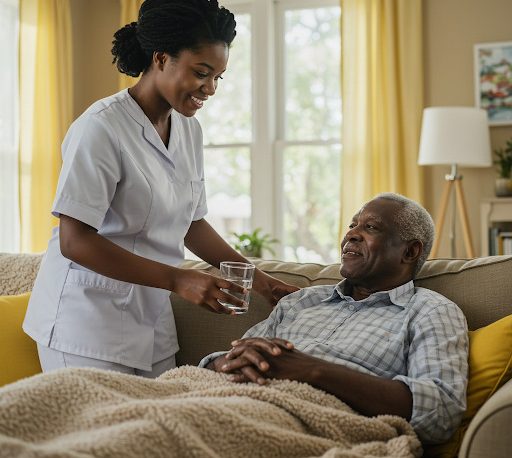 A Health Care Aid Worker assists an alderly man in a home setting