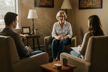 a couple in a counseling situation with a female couselor