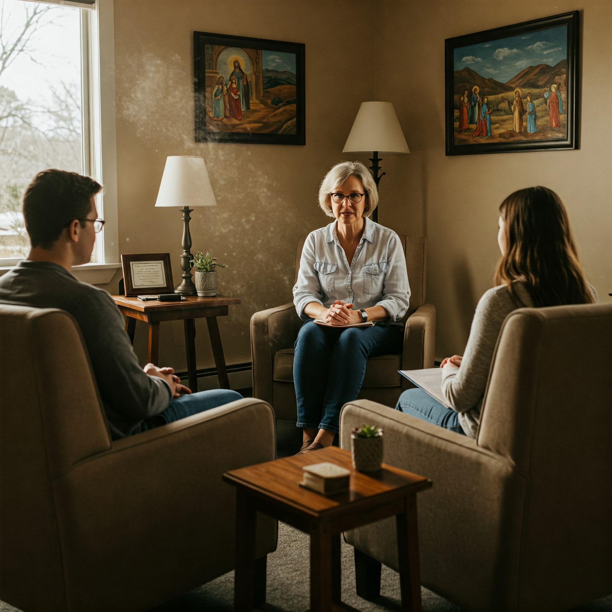 a couple in a counseling situation with a female couselor