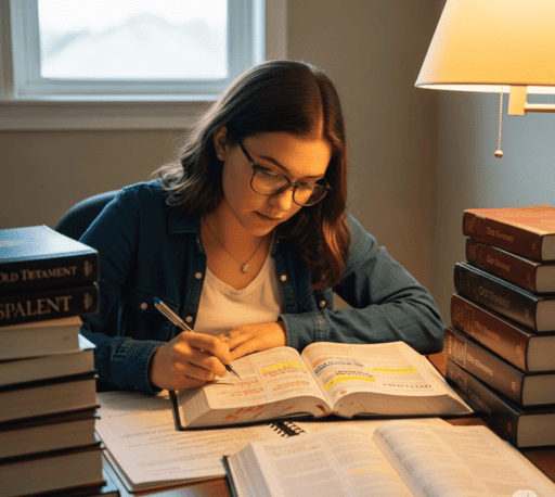 A Young woman sitting at her desk with two or three open books in front of her.