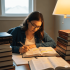 A Young woman sitting at her desk with two or three open books in front of her.