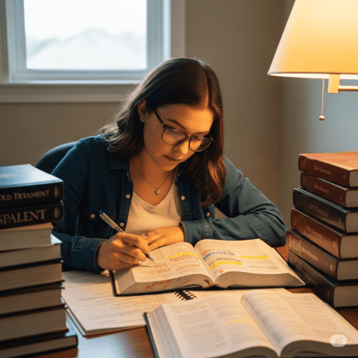 A Young woman sitting at her desk with two or three open books in front of her.