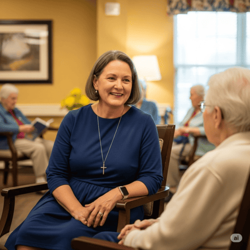 A photo of a woman counseling a woman at a care home