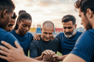 A photo of a chaplain praying with a group of sports people