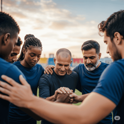 A photo of a chaplain praying with a group of sports people