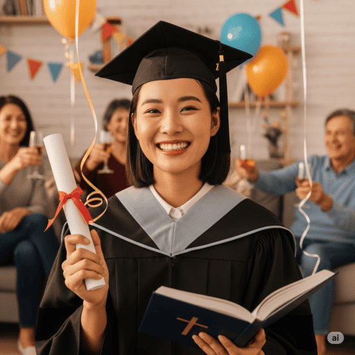 An Asian woman celebrates her PhD graduation