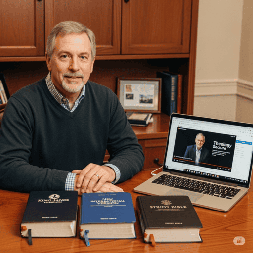 A man in his study, with bibles and a laptop on his desk