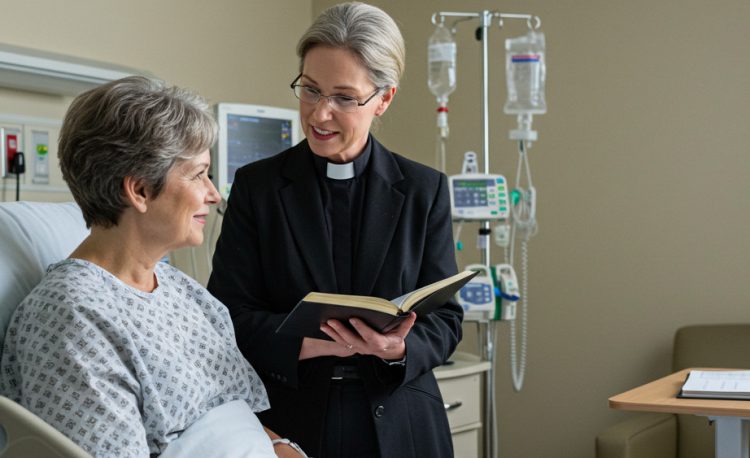 A Female Caucasian Chaplain at the bedside of a female elderly person in a hospital room representing the Master of Healthcare Chaplaincy.