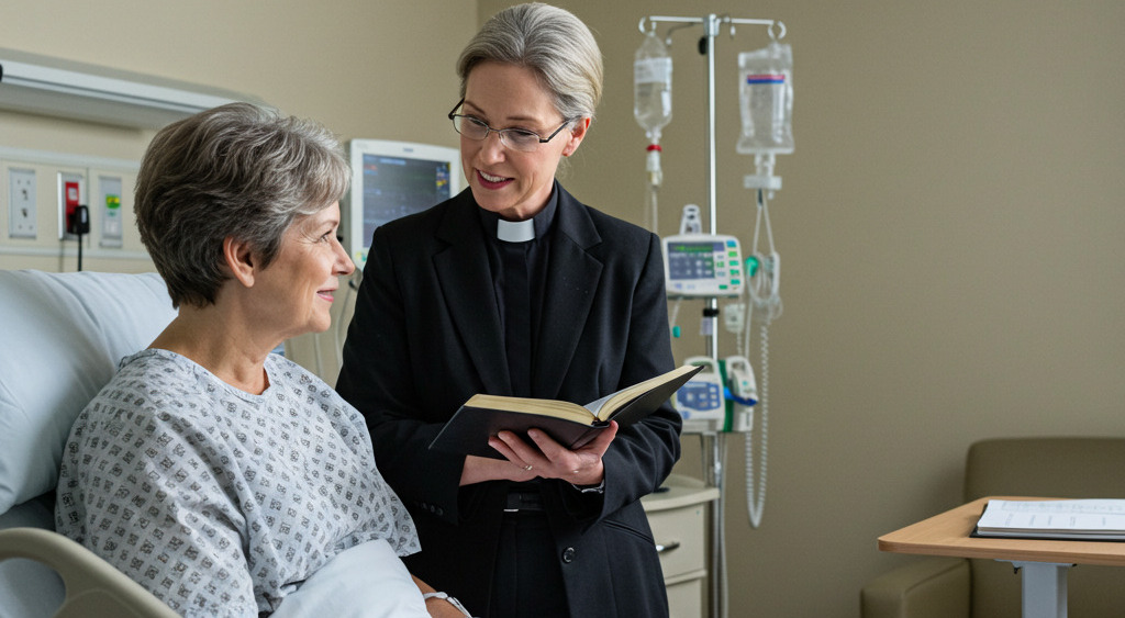 A Female Caucasian Chaplain at the bedside of a female elderly person in a hospital room representing the Master of Healthcare Chaplaincy.