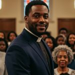 An African-American pastor in front of his congregation, representing the Advanced Diploma of Ministerial Studies program.