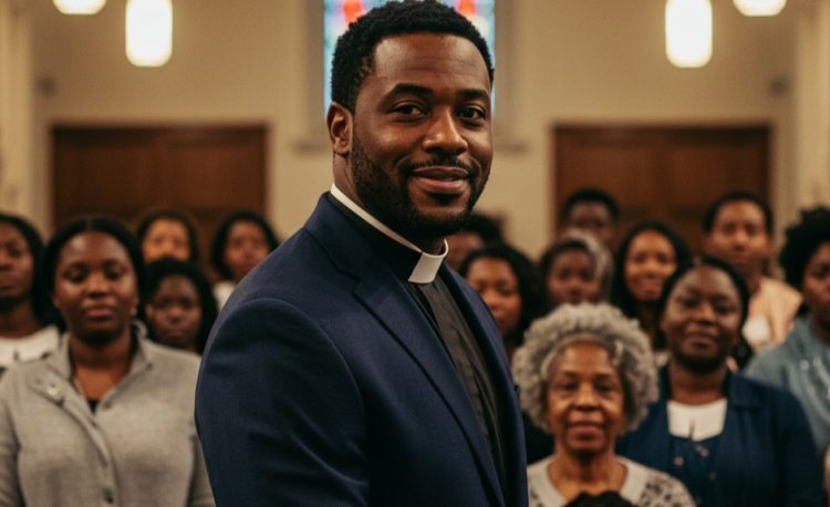 An African-American pastor in front of his congregation, representing the Advanced Diploma of Ministerial Studies program.