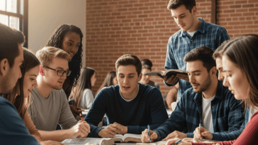 A vibrant classroom setting in a Christian education environment, with students learning and interacting.