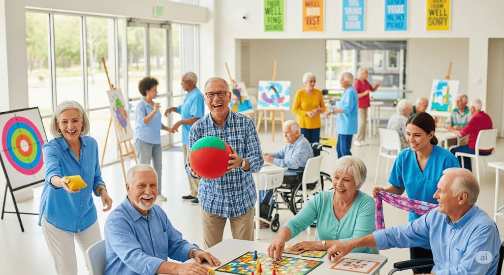 Seniors engaging in recreational therapy activities, symbolizing joyful participation.