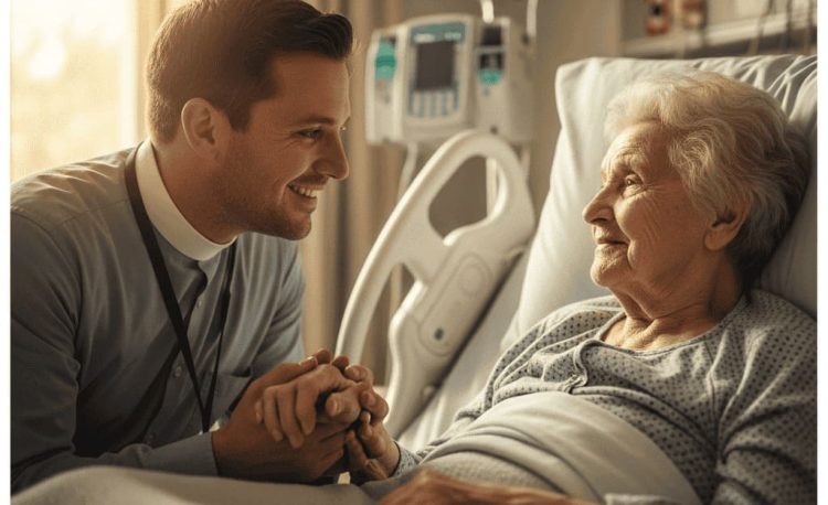 A male chaplain comforting a female patient in a medical environment