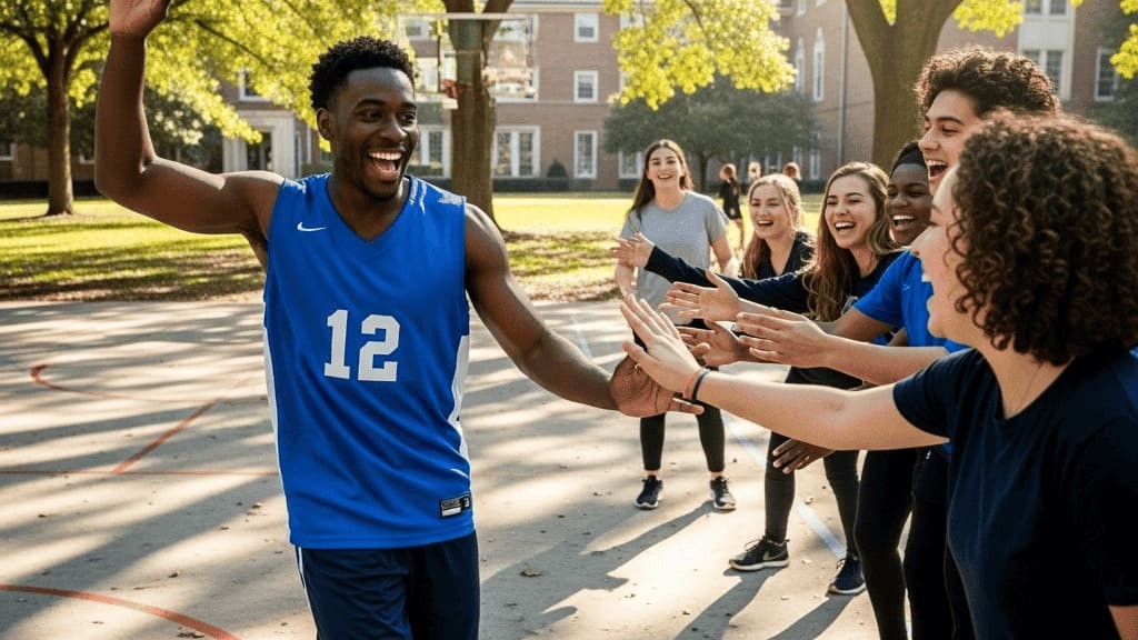 A sports chaplain interacting with athletes on a field, offering support and guidance in a sports setting.
