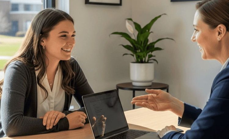 A younger lady talking across a table with an older woman with a laptop facing her, representing a Christian Counseling situation.