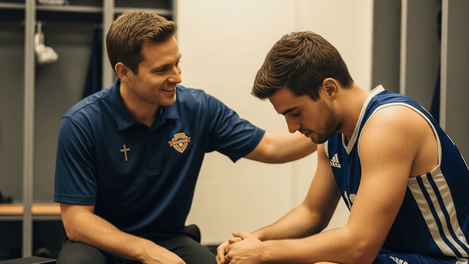 A sport chaplain offering support to an athlete, symbolizing Christian Sport Chaplaincy.