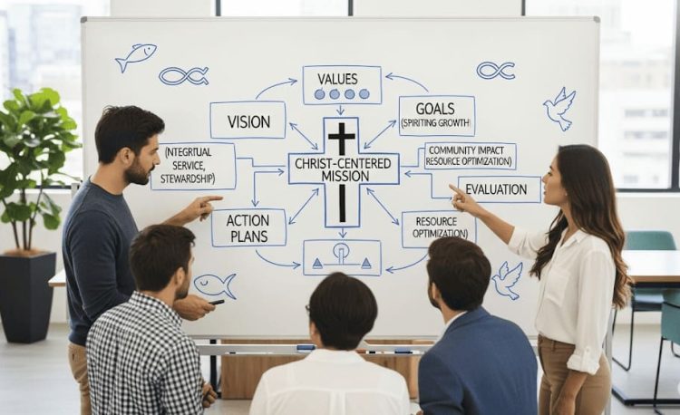A team collaborating around a whiteboard with strategic plans, symbolizing Christian strategic management.