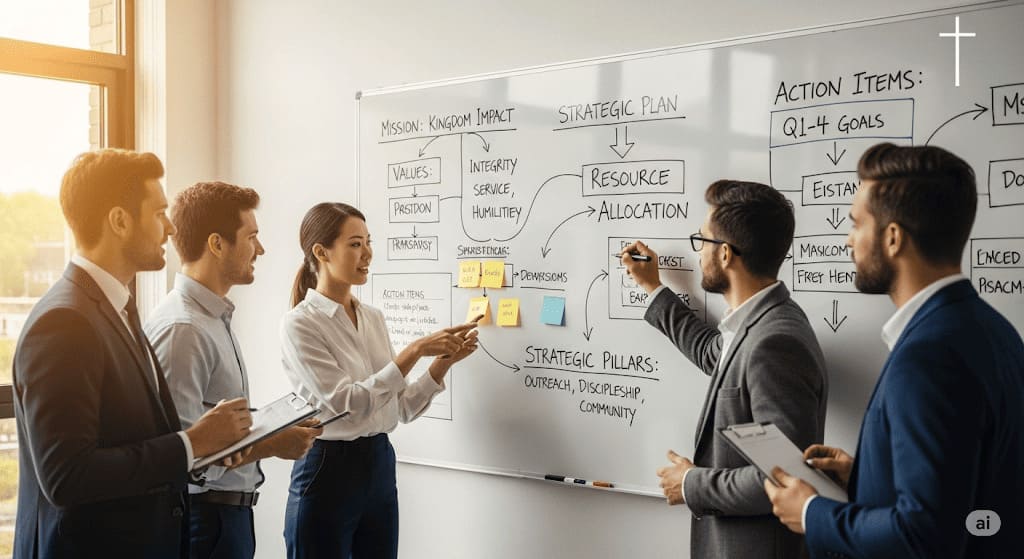 A team collaborating around a whiteboard with strategic plans, symbolizing Christian strategic management.