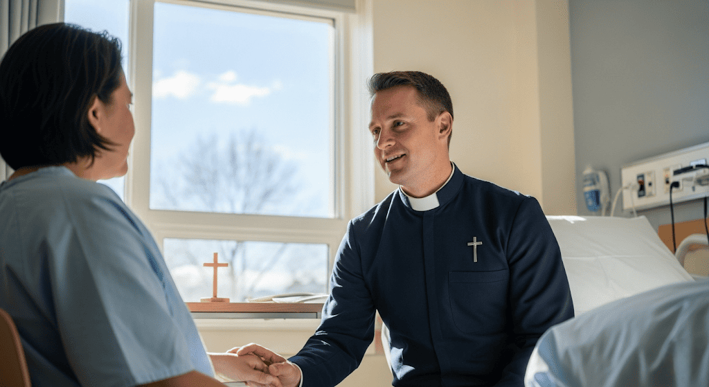 A chaplain speaking with a person in a hospital setting, symbolizing compassionate care.