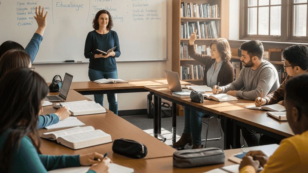 A group of college age students in a class setting representing a Christian education setting.