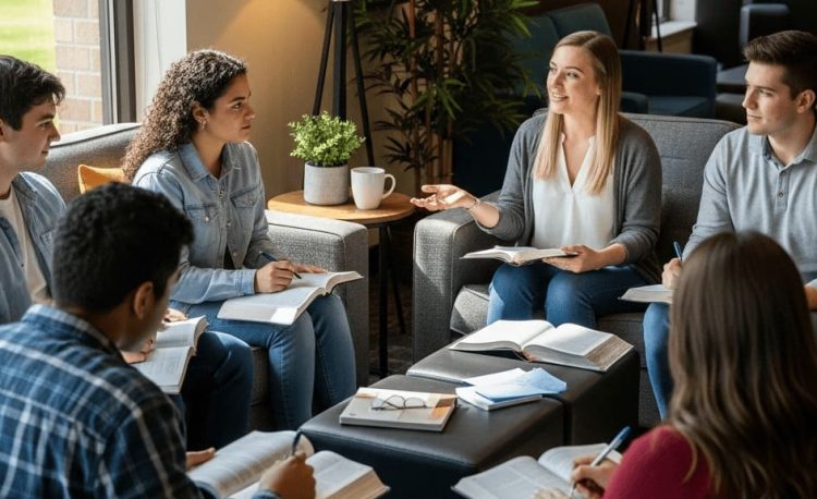A group of college age students sitting around a table representing Christian education.