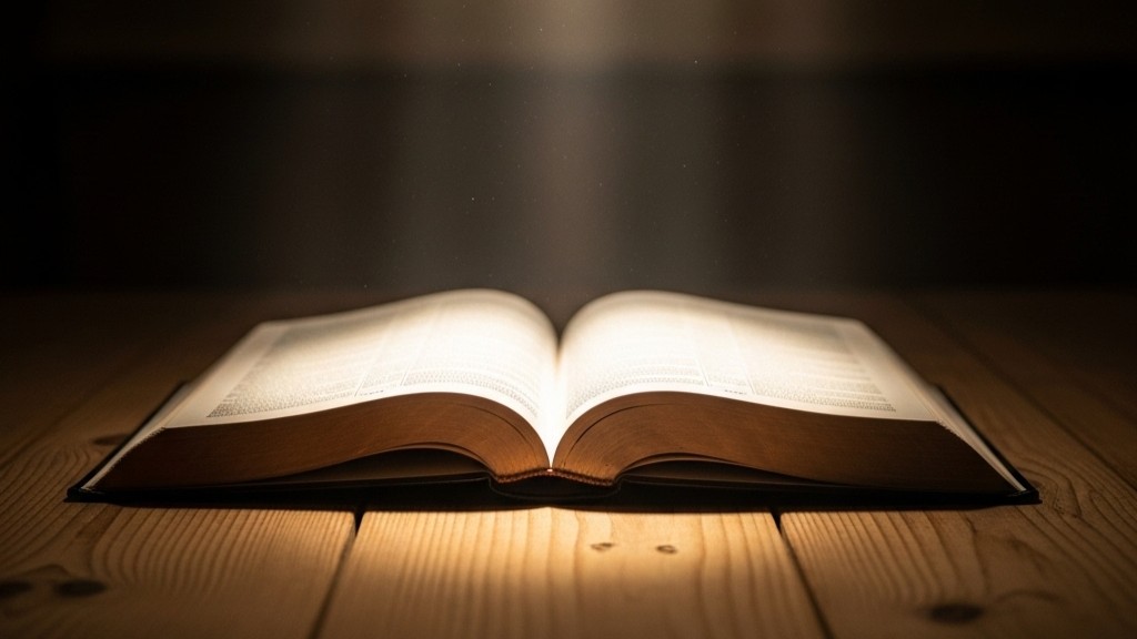 Open Bible on a wooden table with spiritual light, symbolizing biblical study and theological reflection.