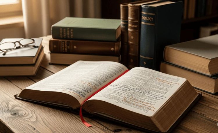Open bible on a wooden table with other theology books on the desk, representing theology studies. generate the image in landscape format.