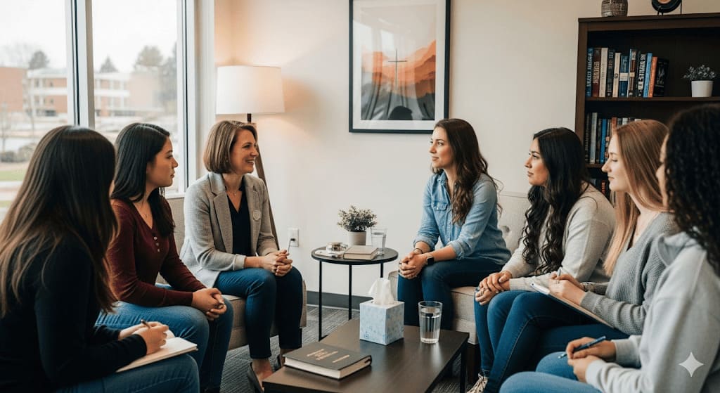 A Christian Counselor in a group therapy session with a group of Co-eds, representing the Doctor of Christian Counseling.