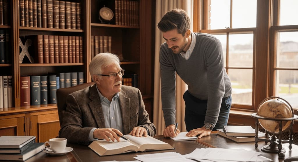 A doctoral supervisor and his protege discussing the topic of Doctor of Divinity in an office setting.