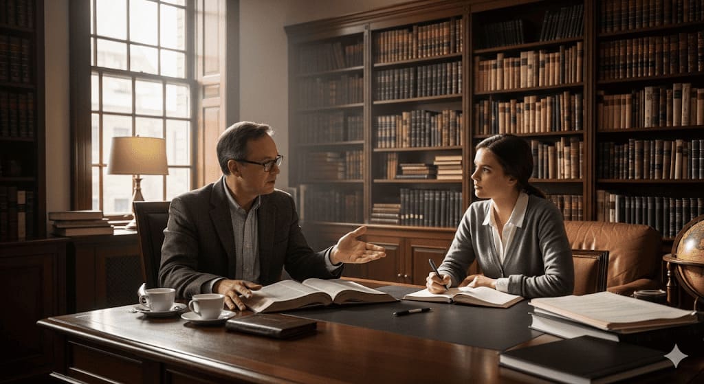 A doctoral supervisor and his protege discussing the PhD in Theological Studies.
