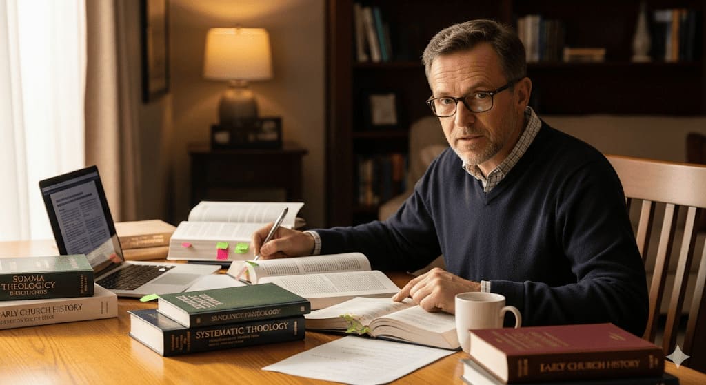 A Mature doctorate Caucasian student at his study desk researching the topic of theology.