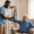 A home care support worker assisting an elderly gentleman in a warm, home environment, representing compassionate, personal care assistance.