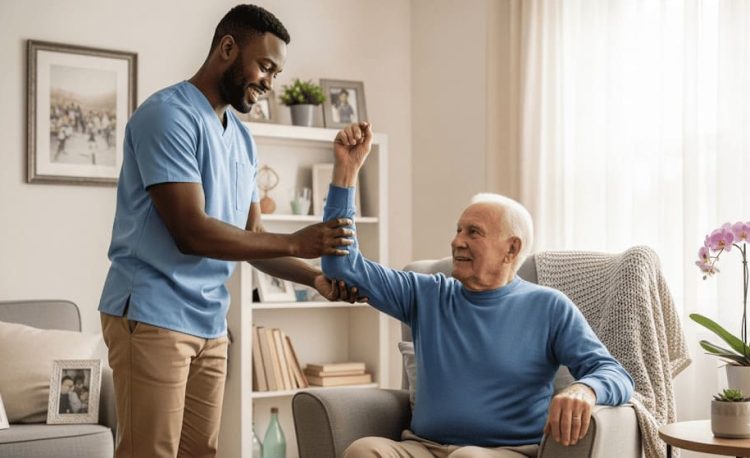 A home care support worker assisting an elderly gentleman in a warm, home environment, representing compassionate, personal care assistance.