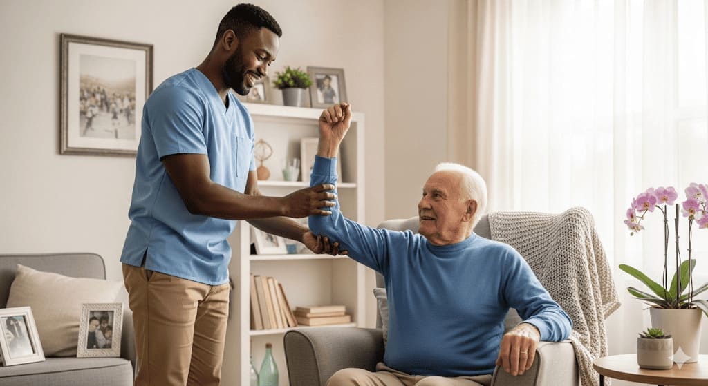 A home care support worker assisting an elderly gentleman in a warm, home environment, representing compassionate, personal care assistance.