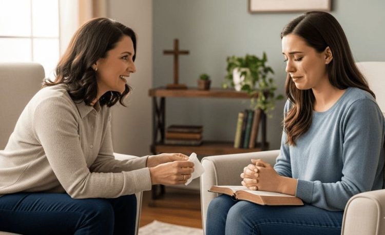 A Christian Counselor comforting a client in a home setting, representing the Master of Christian Counseling program.