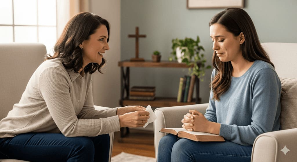 A Christian Counselor comforting a client in a home setting, representing the Master of Christian Counseling program.