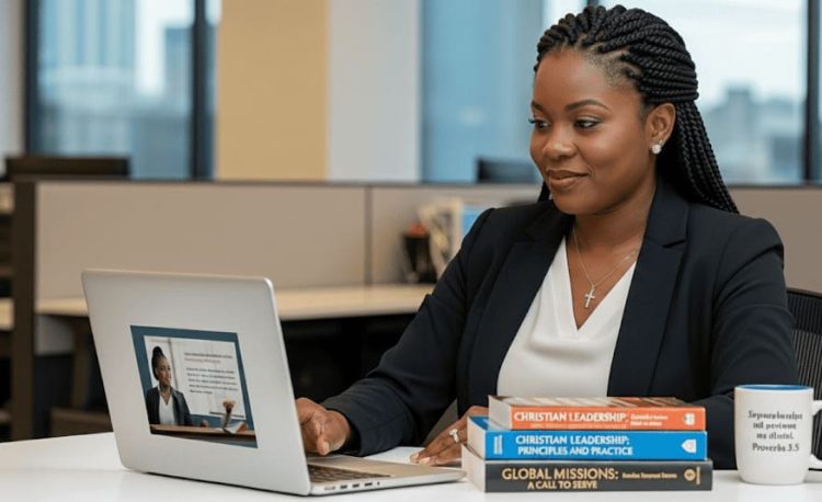 An African American Christian woman at her desk in a corporate setting, with a laptop and books on Christian leadership and Missions on her desk.
