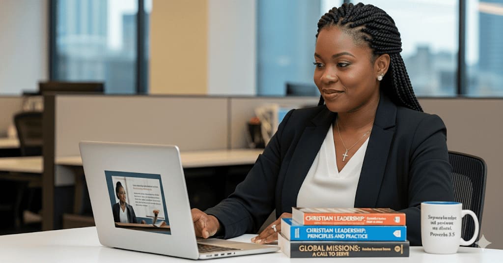 An African American Christian woman at her desk in a corporate setting, with a laptop and books on Christian leadership and Missions on her desk.
