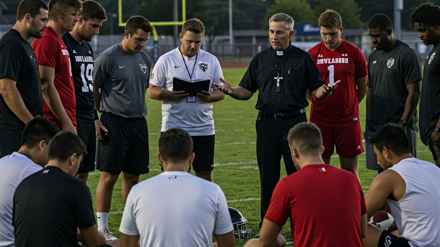 A Christian Chaplain talks with a team of players at a field, representing the Master of Arts in Christian Sport Chaplaincy.